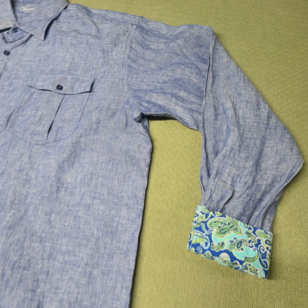 Visconti Uomo Mens Blue Linen Blend Button Down Shirt Paisley Cuff - Picture 3 of 16